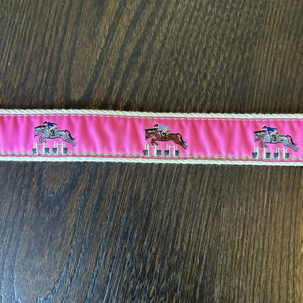 Dover Saddlery Pink and Brown Horse Jumping Canvas Kids Belt With Leather Strap